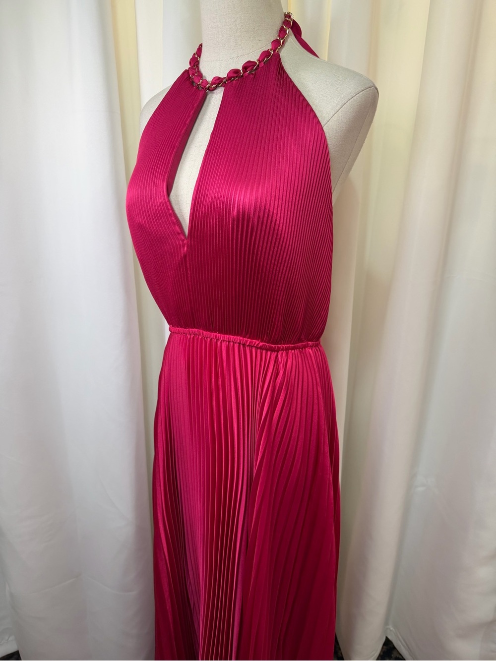 Milly ‘Kora’ Fuchsia Pink Accordion Pleated Satin Halterneck Maxi Dress Size 10 - Picture 16 of 16